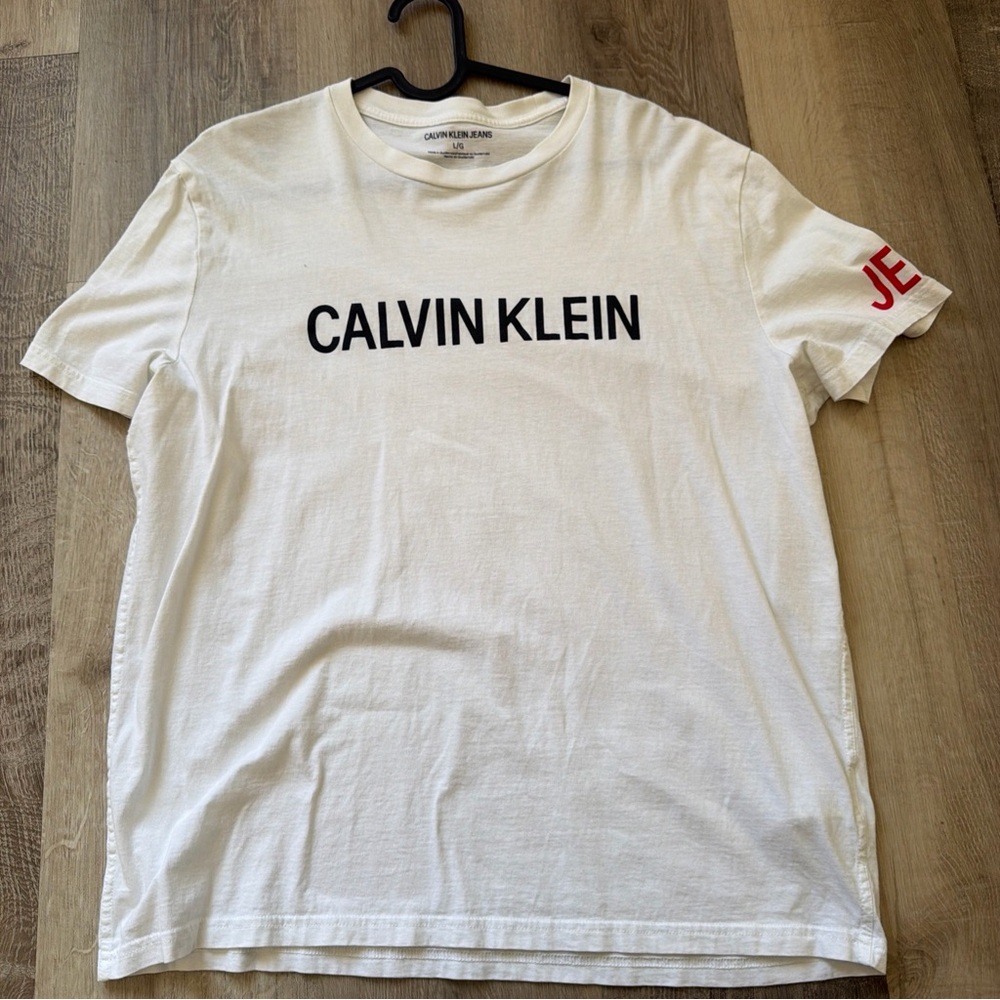 Calvin Klein Jeans White Tee with Red and Black Accents